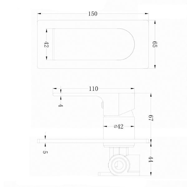 Technical drawing of Nero Bianca shower mixer in gun metal, showing front and side views with dimensions 150mm, 110mm, 65mm and 42mm.