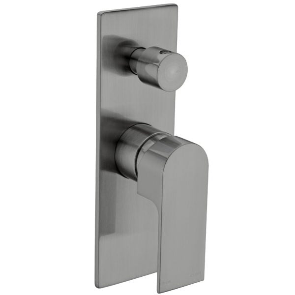 Nero Bianca shower mixer with diverter in gun metal, wall-mounted with rectangular plate and lever handle