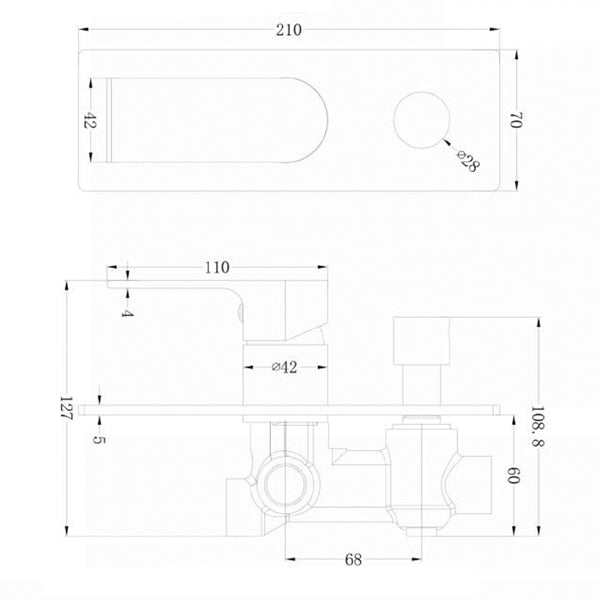 Technical drawing of Nero Bianca shower mixer with divertor in gun metal, showing front and side views with dimensions.