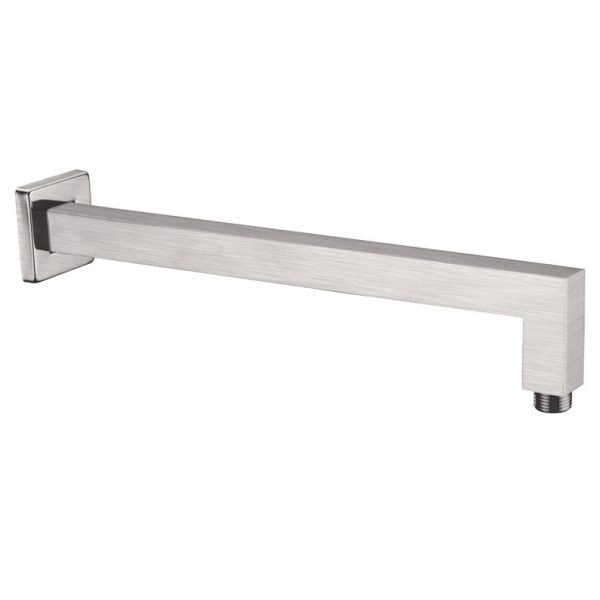 Nero Square shower arm in brushed nickel, wall-mounted L-shape with square profile and threaded end on white background