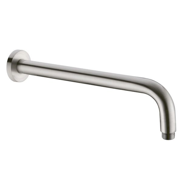Nero Round wall-mounted shower arm in brushed nickel, smooth curved brass finish with round backplate and threaded end