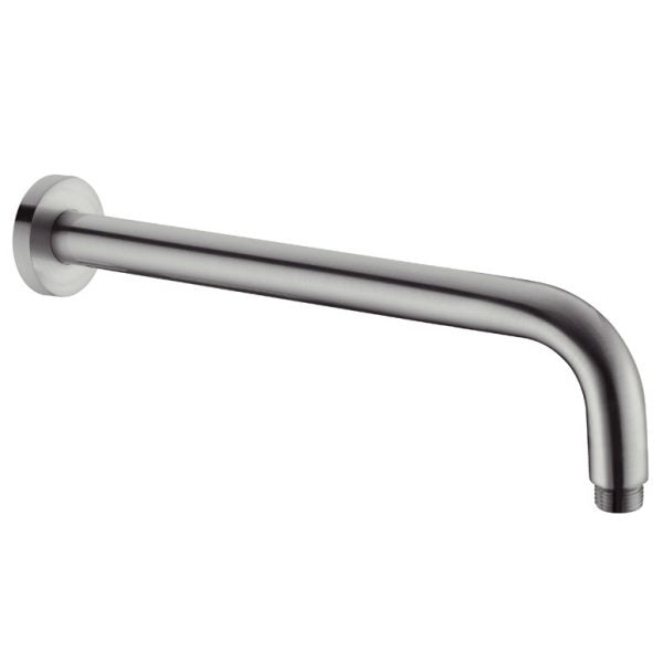 Nero Round wall-mounted shower arm in brushed gunmetal, round gooseneck design with wall plate end detail
