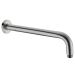 Nero Round wall-mounted shower arm in brushed gunmetal, round gooseneck design with wall plate end detail