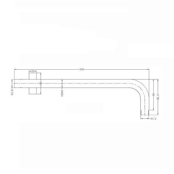 Technical drawing of Nero round shower arm in gunmetal, showing 350mm wall-mounted gooseneck with G1/2 threads
