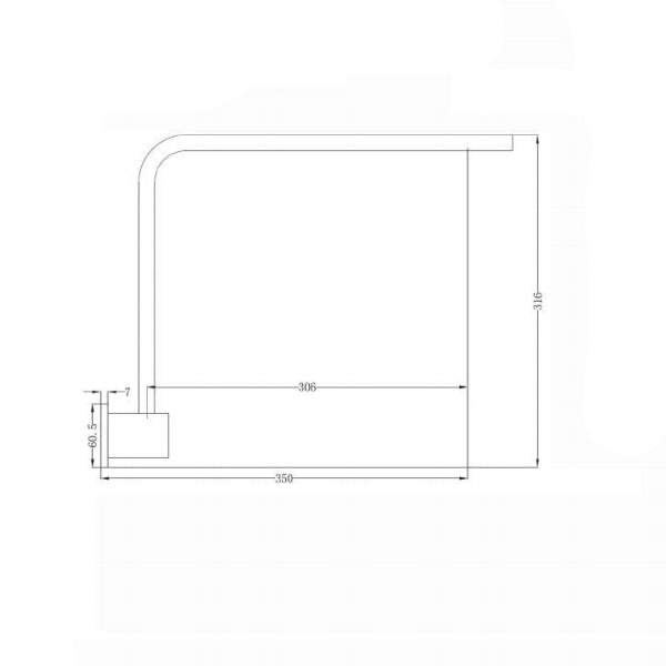 Technical drawing of Nero Square Swivel Arm chrome shower arm, showing 350mm projection and 316mm height
