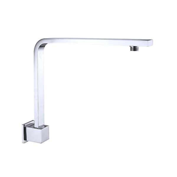 Nero Square swivel shower arm in chrome, wall-mounted with square up-swept profile and threaded end on white background