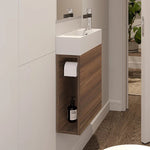 ADP Allie wall hung compact vanity 450mm with gloss white basin and woodgrain cabinet in bathroom view