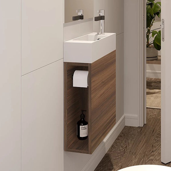 ADP Allie wall hung compact vanity 450mm with gloss white basin and woodgrain cabinet in bathroom view