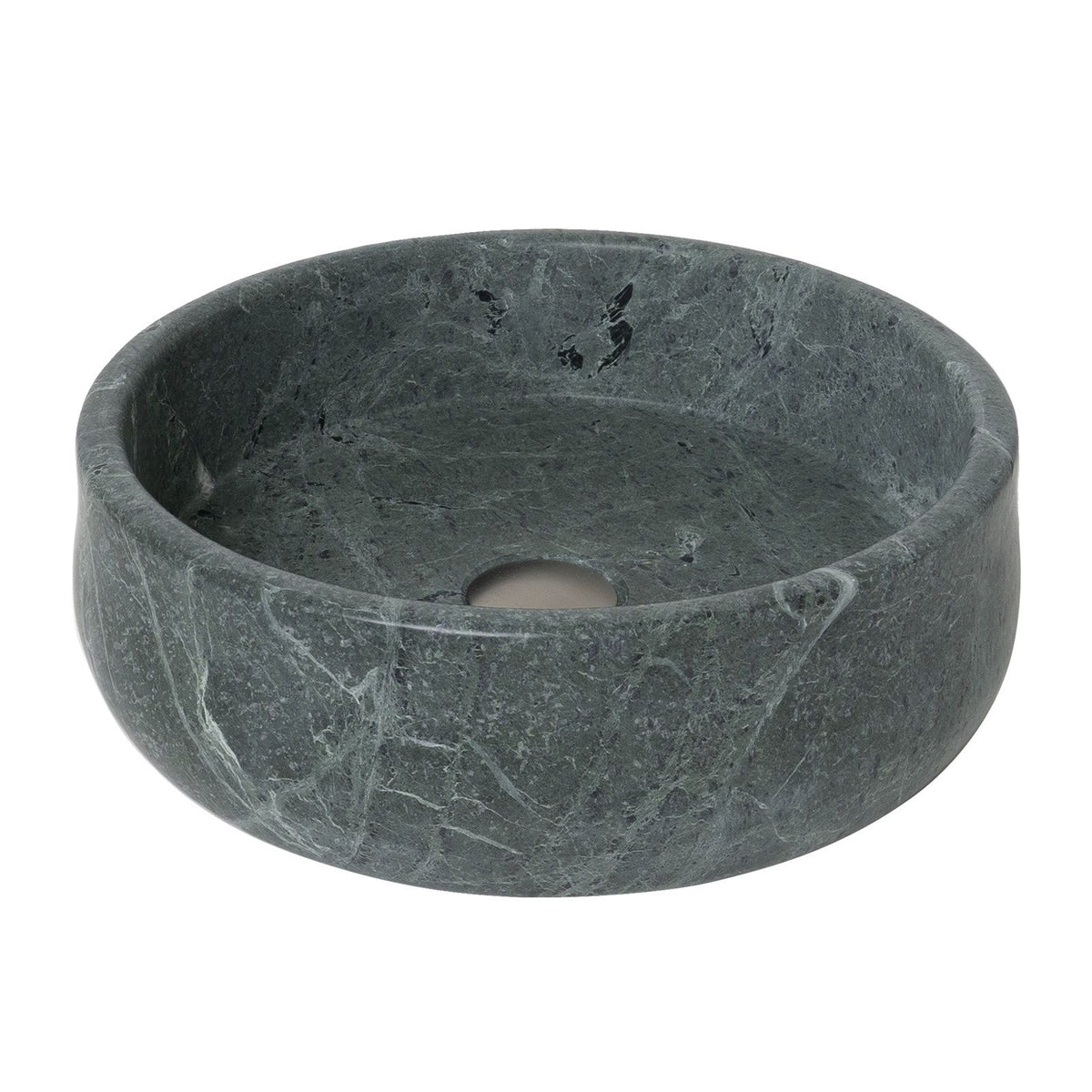 ADP Arlo round above counter basin in Cape Verde stone, with natural marbling and a clean rimmed bowl view