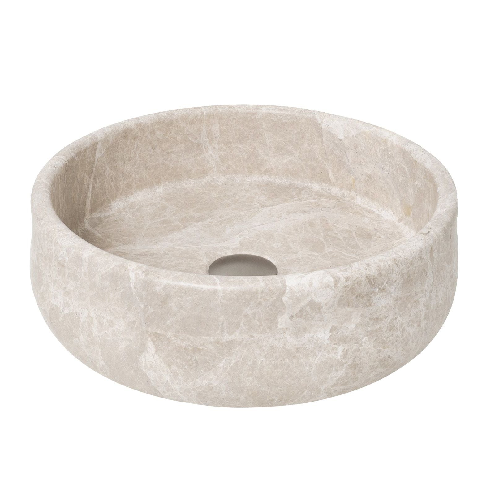 ADP Arlo round above counter basin in royal beige stone, shown front on with no tap hole or overflow