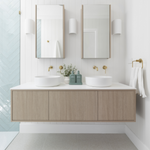 ADP Clifton wall-hung vanity in Coastal Oak with pure white Caesarstone top and twin above-counter basins