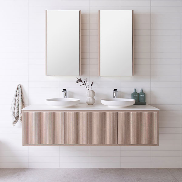 ADP Clifton 1200mm wall hung vanity with Caesarstone top, coastal oak woodgrain front and double basin setup