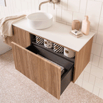 ADP Clifton wall-hung ensuite vanity with white top, prime oak woodgrain finish and round basin in bathroom scene