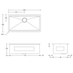 Technical drawing of ADP Clovelly stainless steel kitchen sink, showing top, side and end views with dimensions.