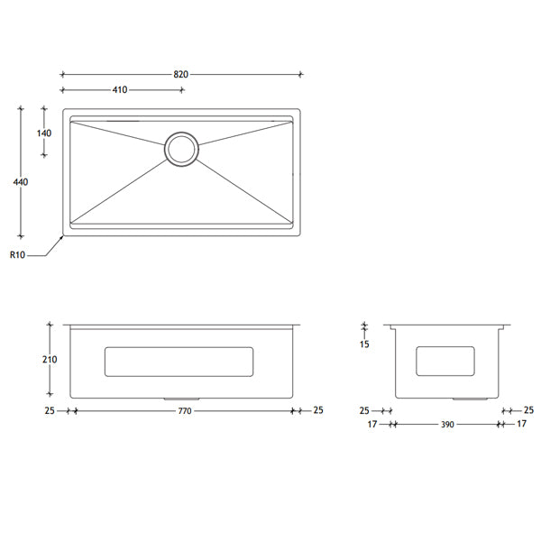 Technical drawing of ADP Clovelly stainless steel kitchen sink, showing top, side and end views with dimensions.