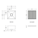 ADP Clovelly sink set technical drawing showing inner sink, dish drainer and dimensions in stainless steel finish