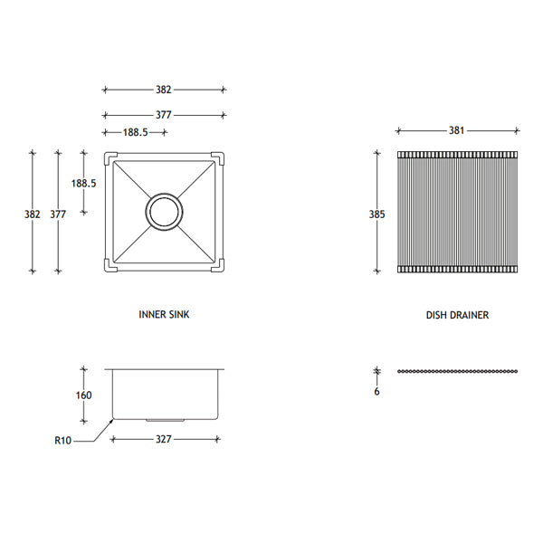 ADP Clovelly sink set technical drawing showing inner sink, dish drainer and dimensions in stainless steel finish