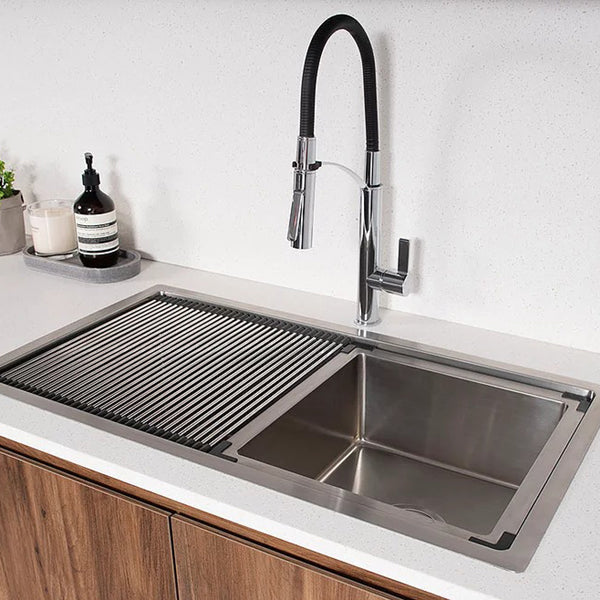 ADP Clovelly stainless steel single bowl kitchen sink with roll-up drainer, in benchtop installation