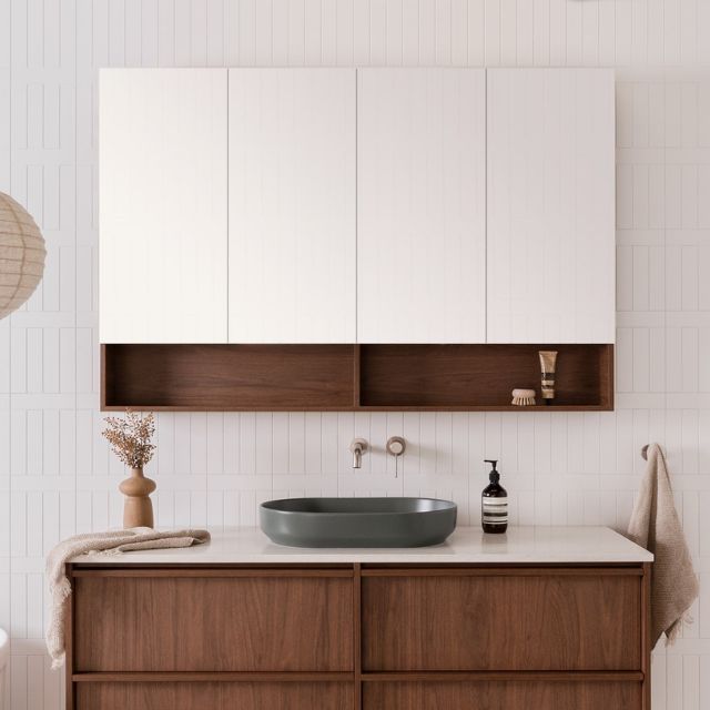 ADP Eli shaving cabinet in white and woodgrain finish above a matching wall-hung vanity in a modern bathroom