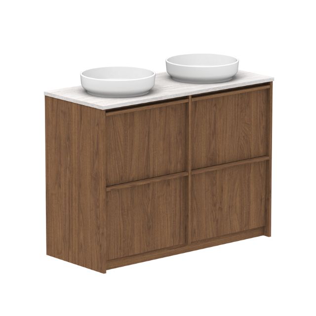 ADP Eli wall hung vanity in wood finish with Caesarstone benchtop and double white basins, front view