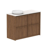 ADP Eli wall hung vanity in woodgrain finish with Caesarstone benchtop and white round basin, 1200mm left bowl view