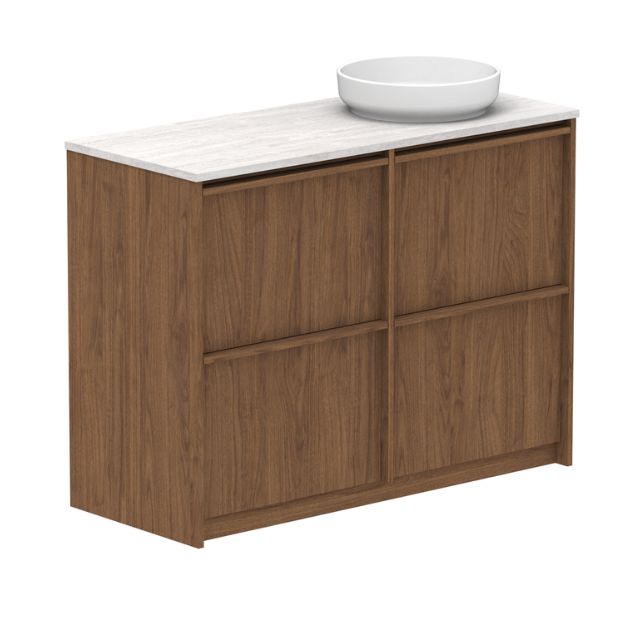 ADP Eli wall hung vanity, woodgrain finish with white Caesarstone top and right bowl, angled view