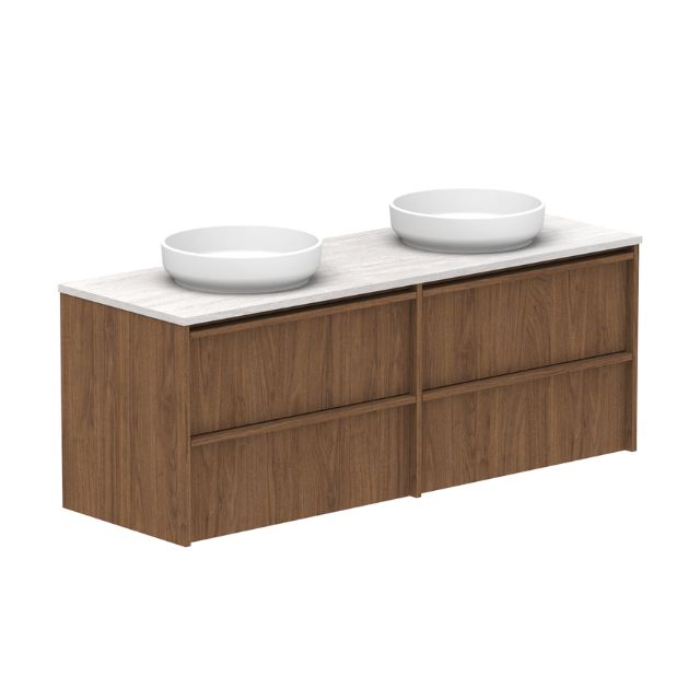 ADP Eli 1500mm wall hung vanity in woodgrain finish with Caesarstone benchtop and double bowls, front view