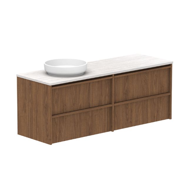 ADP Eli wall hung vanity in woodgrain finish with white Caesarstone benchtop and left bowl, four-drawer design