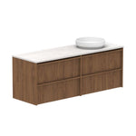 ADP Eli wall hung vanity, wood finish with white Caesarstone benchtop and round basin, angled front view