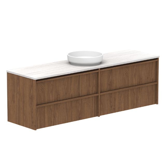 ADP Eli wall hung vanity in wood finish with white Caesarstone benchtop and centre bowl, front view