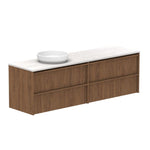 ADP Eli wall hung vanity with Caesarstone benchtop, woodgrain finish, left bowl, front view