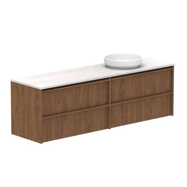 ADP Eli wall hung vanity in woodgrain finish with white Caesarstone top, right bowl, two-drawer front view