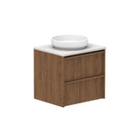 ADP Eli wall hung vanity, woodgrain finish with Caesarstone benchtop and round white basin, front view