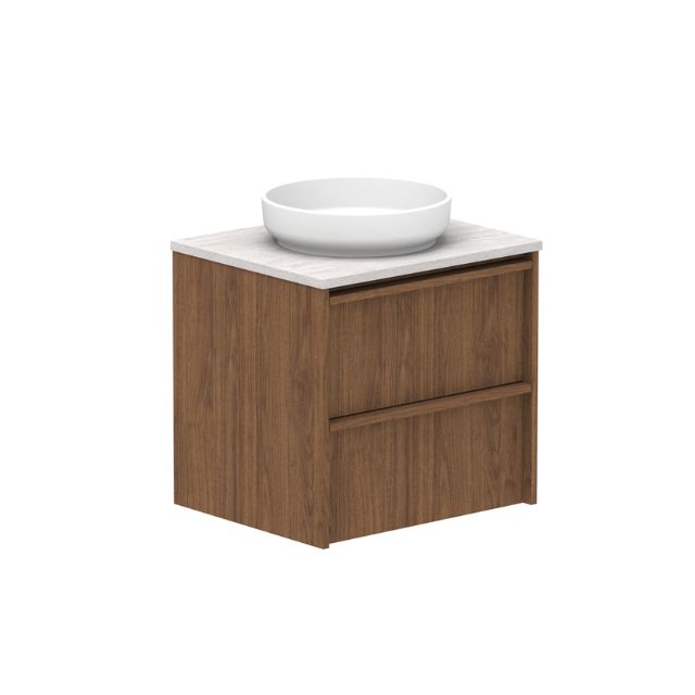 ADP Eli wall hung vanity, woodgrain finish with Caesarstone benchtop and round white basin, front view