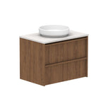 ADP Eli wall hung vanity in wood finish with Caesarstone top and round white above-counter basin, angled view