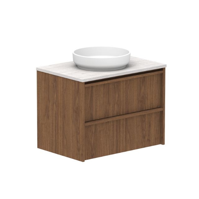 ADP Eli wall hung vanity in wood finish with Caesarstone top and round white above-counter basin, angled view