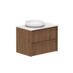 ADP Eli wall hung vanity in woodgrain finish with Caesarstone benchtop and round vessel basin, 2-drawer front view