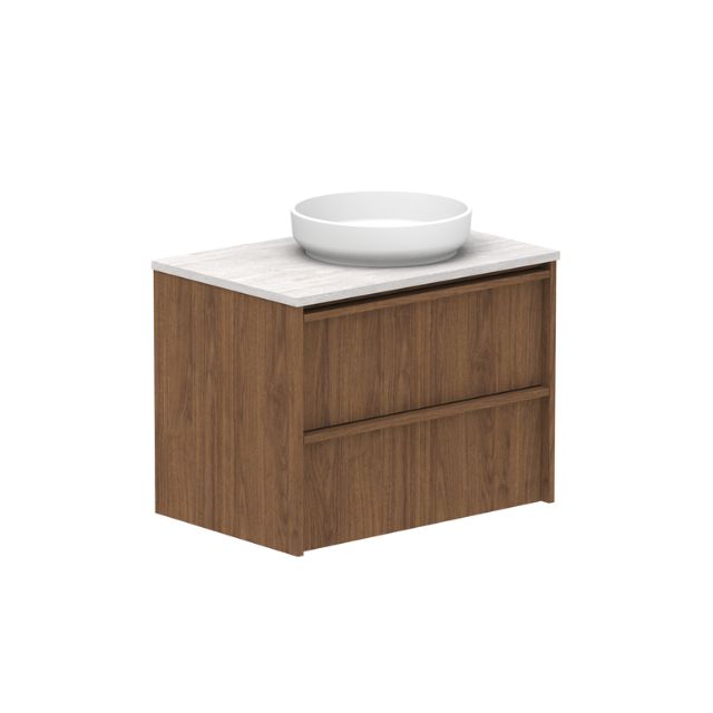 ADP Eli wall hung vanity in woodgrain finish with Caesarstone top and round above-counter basin, front angled view