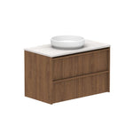 ADP Eli wall hung vanity, woodgrain finish with Caesarstone benchtop and round white vessel basin, front view