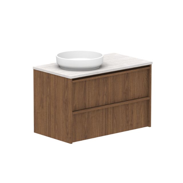 ADP Eli wall hung vanity in woodgrain finish with Caesarstone benchtop and round basin, angled view