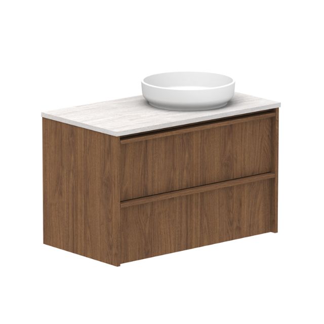 ADP Eli wall hung vanity in woodgrain finish with Caesarstone benchtop and round above-counter basin, angled view