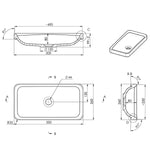 ADP Faith rectangular inset basin technical drawing, white solid surface, 500 x 260mm, with dimension views and drain hole