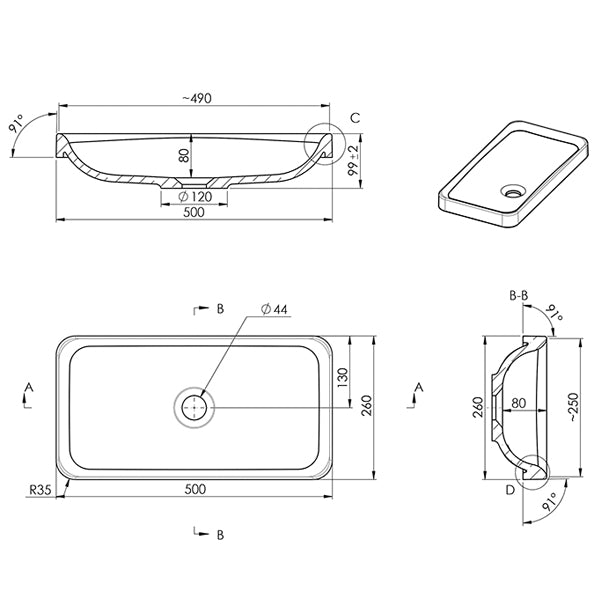 ADP Faith rectangular inset basin technical drawing, white solid surface, 500 x 260mm, with dimension views and drain hole