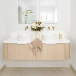 ADP Flo wall hung vanity with white top, light woodgrain finish and twin basin bathroom styling