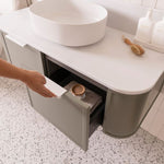 ADP 900mm centre bowl vanity in grey with white top, curved corners and open drawer in bathroom setting
