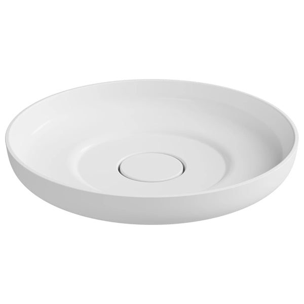 ADP Flume round above counter basin in matte white, shallow low-profile ceramic bowl with centre waste cutout