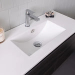 ADP Glacier Lite white ceramic vanity top with centre bowl, chrome mixer and dark woodgrain wall hung cabinet
