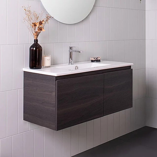 ADP Glacier Lite wall hung ensuite vanity with white ceramic top and dark woodgrain finish, front view