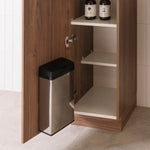 ADP Glacier Lite Shelf Tallboy in concrete finish, floor standing bathroom storage cabinet with open shelves and bin, door open