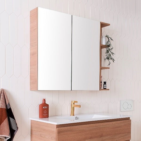 ADP Glacier Lite shelf shaving cabinet in Tasmanian Oak woodmatt, with mirrored doors and open side shelf above a vanity